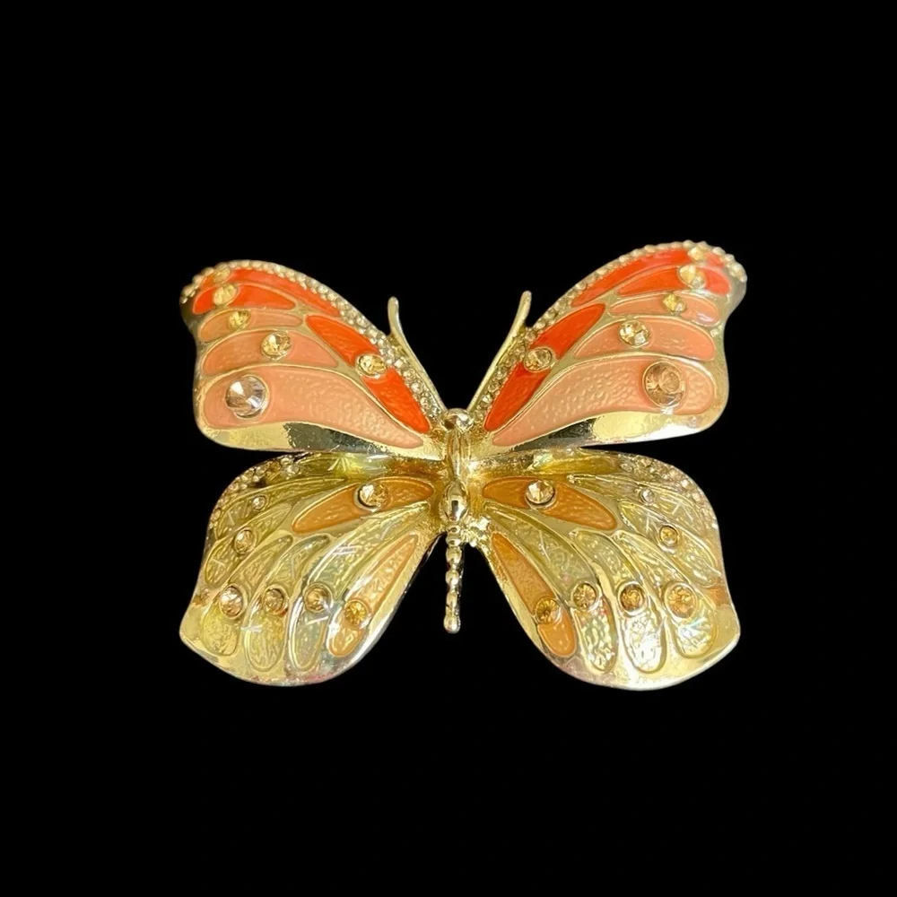 Napier Brooch Butterfly  Multi-Colored Oval Rhinestones Vintage Gold Orange